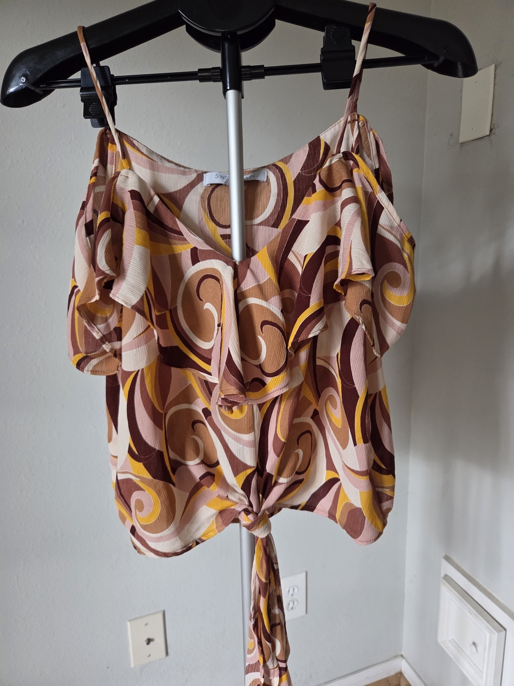 Sweet Rain T10237-B91 L Retro 70s Swirl Cold Shoulder Ruffle Tie Front Blouse